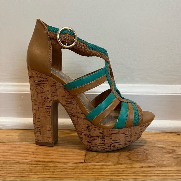 BCBGeneration Sanford Teal & Cognac Cork Platform Open Toe Sandals Size 6.5B - Picture 2 of 16